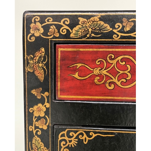 134 - CHINESE CABINETS, a pair, lacquered and gilt Chinoiserie decorated with silvered mounts, each with d... 