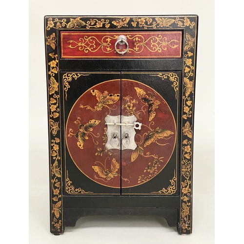 134 - CHINESE CABINETS, a pair, lacquered and gilt Chinoiserie decorated with silvered mounts, each with d... 