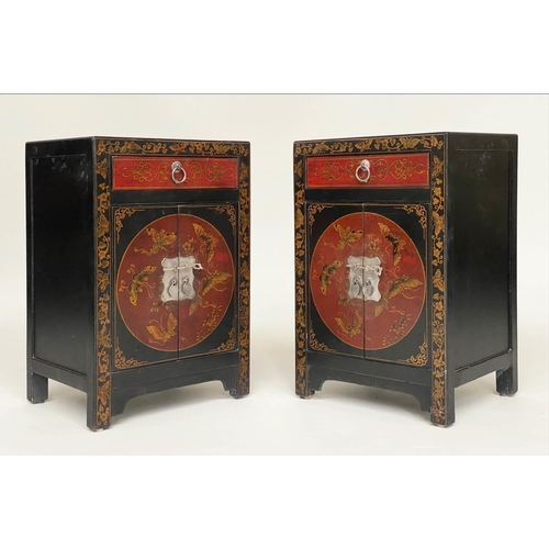 134 - CHINESE CABINETS, a pair, lacquered and gilt Chinoiserie decorated with silvered mounts, each with d... 