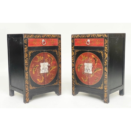 134 - CHINESE CABINETS, a pair, lacquered and gilt Chinoiserie decorated with silvered mounts, each with d... 