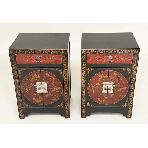 134 - CHINESE CABINETS, a pair, lacquered and gilt Chinoiserie decorated with silvered mounts, each with d... 