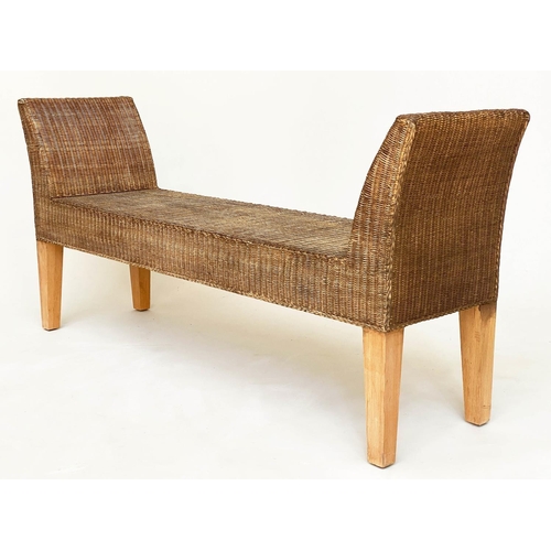 135 - WINDOW SEAT, woven cane rectangular with upstands and tapering supports, 148cm W x 70cm H x 39cm D.