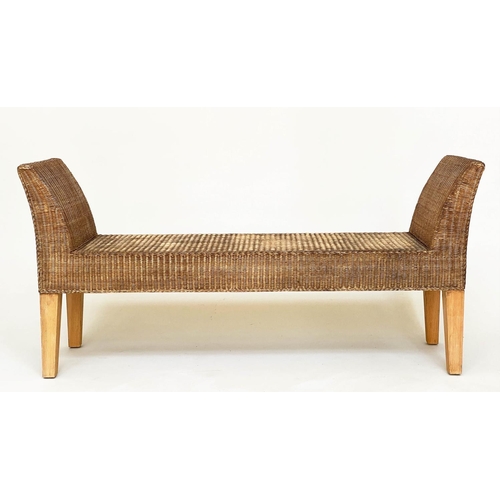 135 - WINDOW SEAT, woven cane rectangular with upstands and tapering supports, 148cm W x 70cm H x 39cm D.