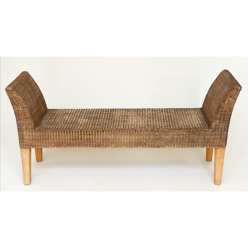 135 - WINDOW SEAT, woven cane rectangular with upstands and tapering supports, 148cm W x 70cm H x 39cm D.