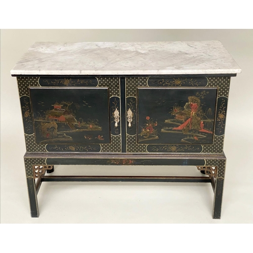 136 - SIDE CABINET, early 20th century lacquered with gilt Chinoiserie style decoration with two doors on ... 