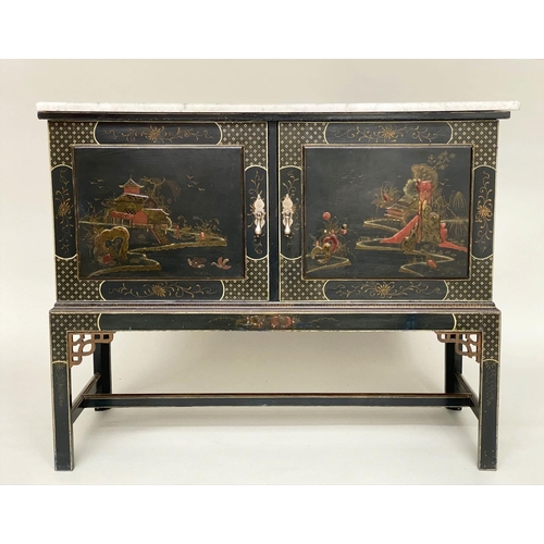 136 - SIDE CABINET, early 20th century lacquered with gilt Chinoiserie style decoration with two doors on ... 