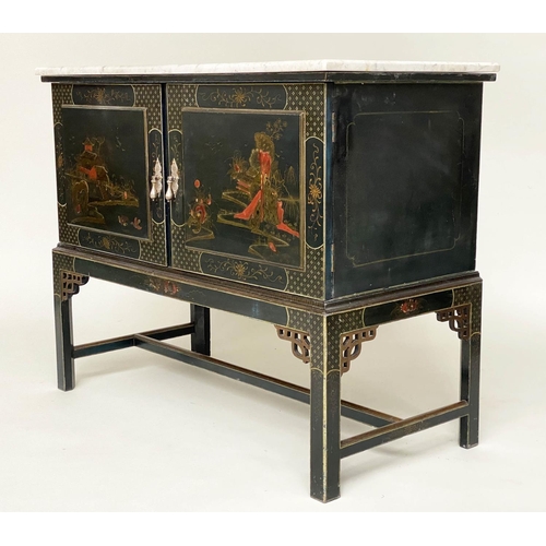 136 - SIDE CABINET, early 20th century lacquered with gilt Chinoiserie style decoration with two doors on ... 