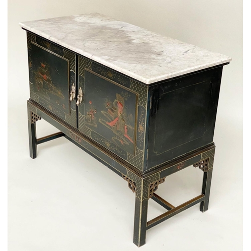 136 - SIDE CABINET, early 20th century lacquered with gilt Chinoiserie style decoration with two doors on ... 