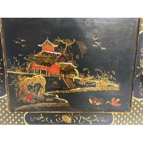 136 - SIDE CABINET, early 20th century lacquered with gilt Chinoiserie style decoration with two doors on ... 