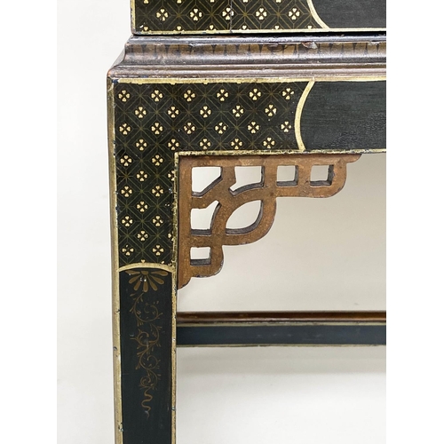 136 - SIDE CABINET, early 20th century lacquered with gilt Chinoiserie style decoration with two doors on ... 