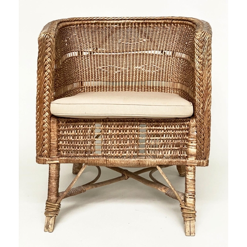 137 - ARMCHAIRS, a pair, 1930s bamboo and rattan framed woven and cane bound each with cushion, 65cm W. (2... 