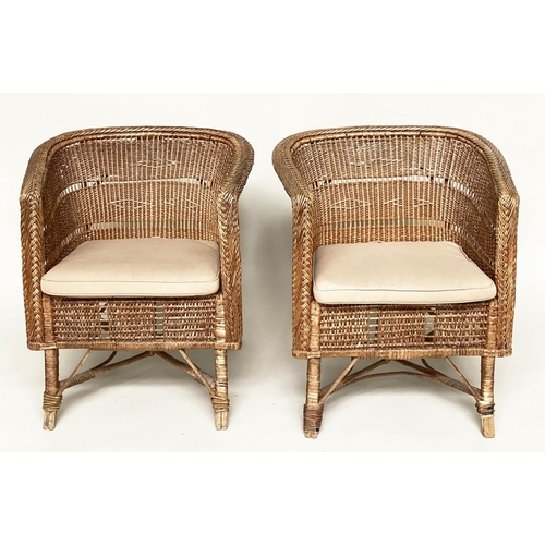 137 - ARMCHAIRS, a pair, 1930s bamboo and rattan framed woven and cane bound each with cushion, 65cm W. (2... 