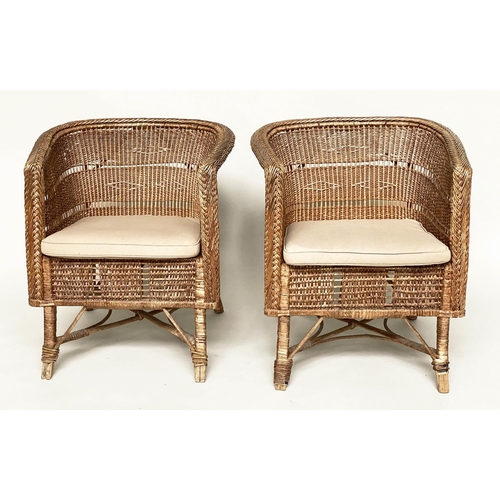 137 - ARMCHAIRS, a pair, 1930s bamboo and rattan framed woven and cane bound each with cushion, 65cm W. (2... 