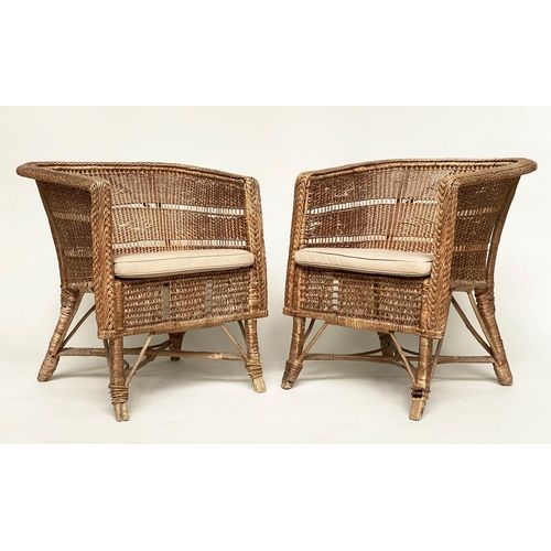 137 - ARMCHAIRS, a pair, 1930s bamboo and rattan framed woven and cane bound each with cushion, 65cm W. (2... 