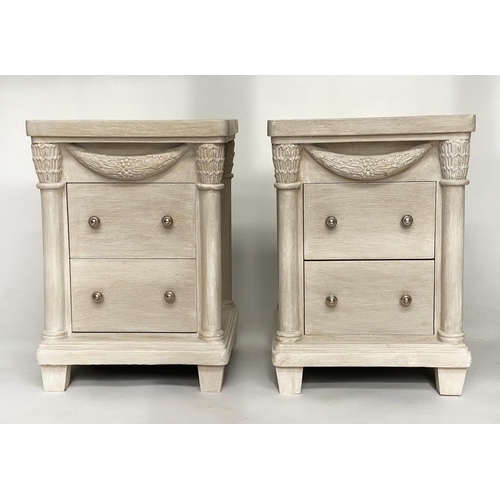 138 - BEDSIDE CHESTS, a pair, French Empire style traditionally grey painted with column and swag detail, ... 