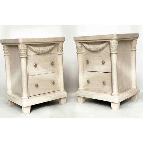 138 - BEDSIDE CHESTS, a pair, French Empire style traditionally grey painted with column and swag detail, ... 