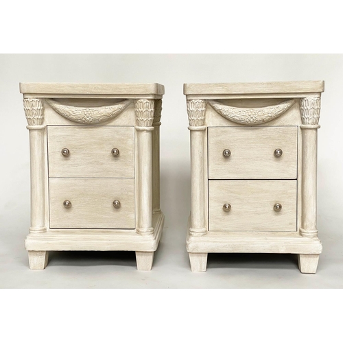 138 - BEDSIDE CHESTS, a pair, French Empire style traditionally grey painted with column and swag detail, ... 