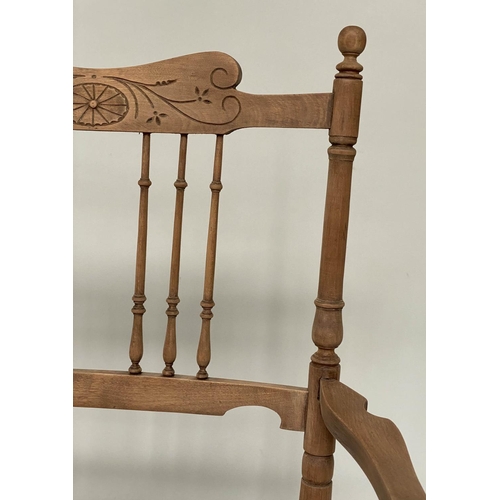 139 - HALL BENCH, early 20th century Edwardian carved fruitwood with turned spindle back and brass studded... 