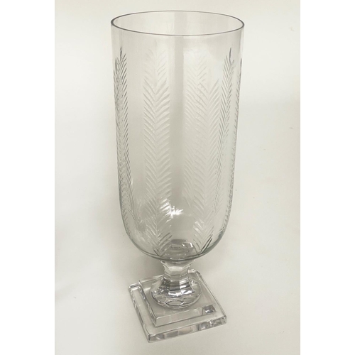 140 - STORM LANTERNS, a pair, etched cut glass cylindrical with stepped base, 40cm H. (2)