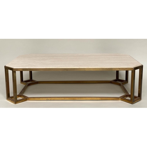 141 - TRAVERTINE LOW TABLE, 1970s Italian marble with canted corners and brass framework support, 80cm x 1... 