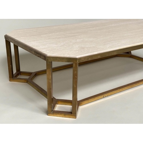 141 - TRAVERTINE LOW TABLE, 1970s Italian marble with canted corners and brass framework support, 80cm x 1... 