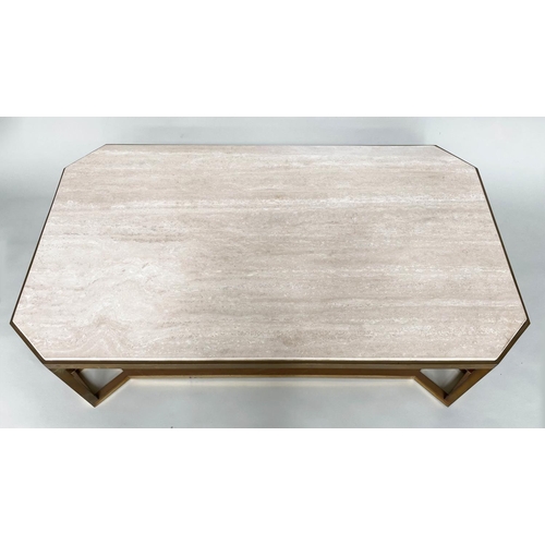 141 - TRAVERTINE LOW TABLE, 1970s Italian marble with canted corners and brass framework support, 80cm x 1... 