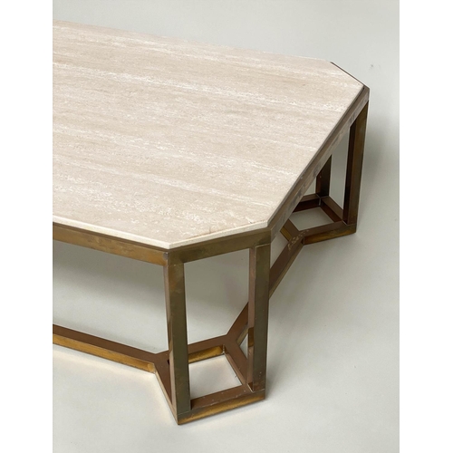 141 - TRAVERTINE LOW TABLE, 1970s Italian marble with canted corners and brass framework support, 80cm x 1... 