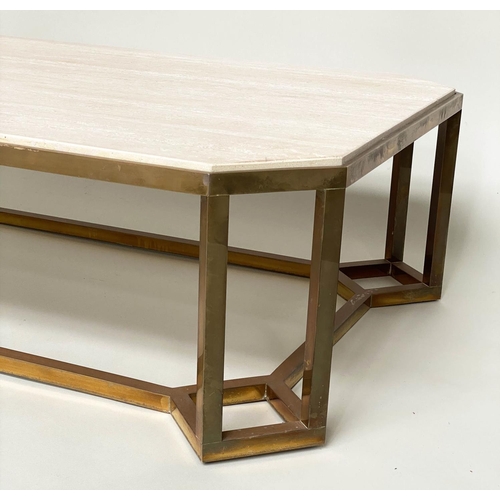 141 - TRAVERTINE LOW TABLE, 1970s Italian marble with canted corners and brass framework support, 80cm x 1... 