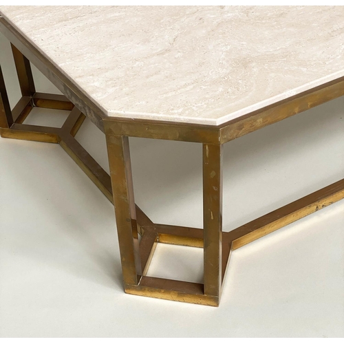 141 - TRAVERTINE LOW TABLE, 1970s Italian marble with canted corners and brass framework support, 80cm x 1... 