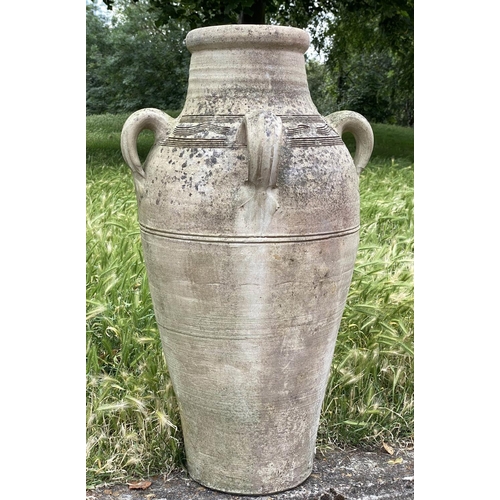 143 - GARDEN OLIVE JARS, a pair, weathered reconstituted stone of olive jar tapering form, 79cm H. (2)