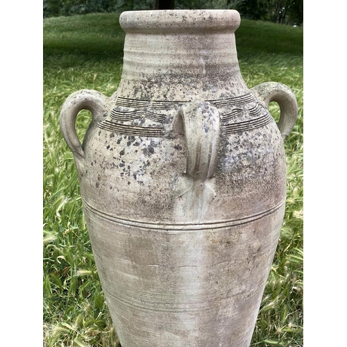 143 - GARDEN OLIVE JARS, a pair, weathered reconstituted stone of olive jar tapering form, 79cm H. (2)