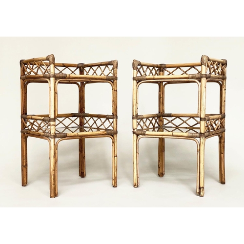 144 - BAMBOO LAMP TABLES, a pair, bamboo framed, glazed and cane bound with two galleried tiers, 42cm x 35... 