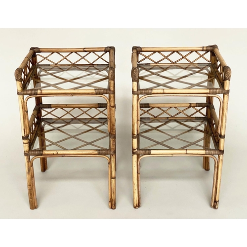 144 - BAMBOO LAMP TABLES, a pair, bamboo framed, glazed and cane bound with two galleried tiers, 42cm x 35... 