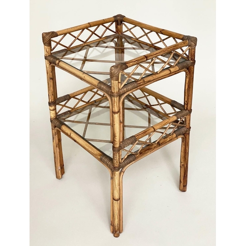 144 - BAMBOO LAMP TABLES, a pair, bamboo framed, glazed and cane bound with two galleried tiers, 42cm x 35... 