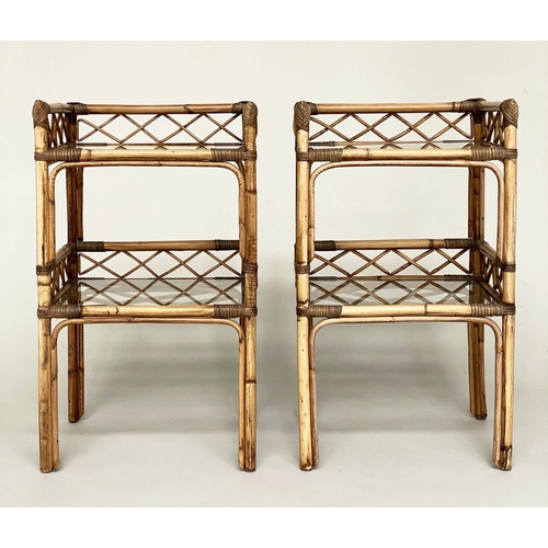 144 - BAMBOO LAMP TABLES, a pair, bamboo framed, glazed and cane bound with two galleried tiers, 42cm x 35... 