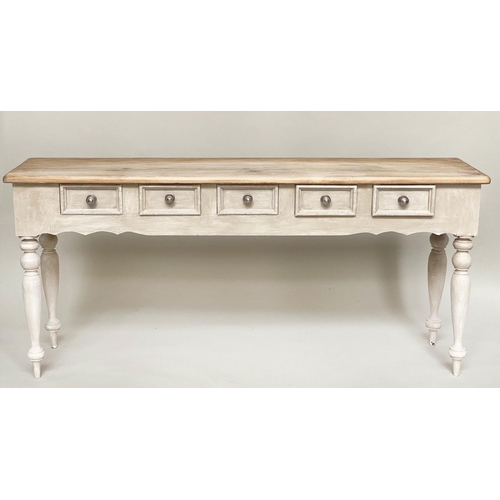 145 - HALL TABLE, grey painted with five short drawers and turned supports, 179cm x 39cm x 81cm H.