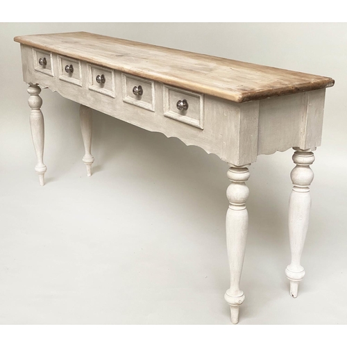 145 - HALL TABLE, grey painted with five short drawers and turned supports, 179cm x 39cm x 81cm H.