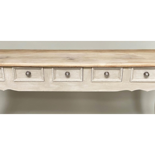 145 - HALL TABLE, grey painted with five short drawers and turned supports, 179cm x 39cm x 81cm H.