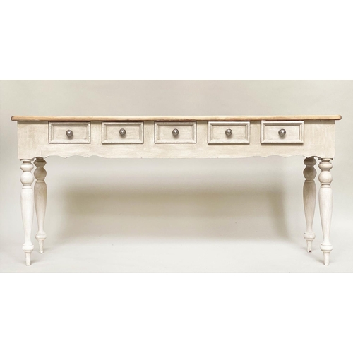 145 - HALL TABLE, grey painted with five short drawers and turned supports, 179cm x 39cm x 81cm H.