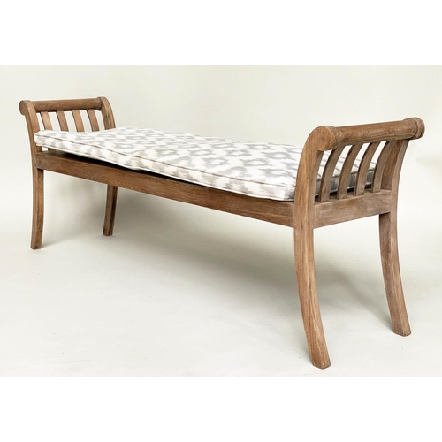 146 - BENCH, weathered teak and slatted with upstands and cushions, 161cm x 38cm x 61cm H.