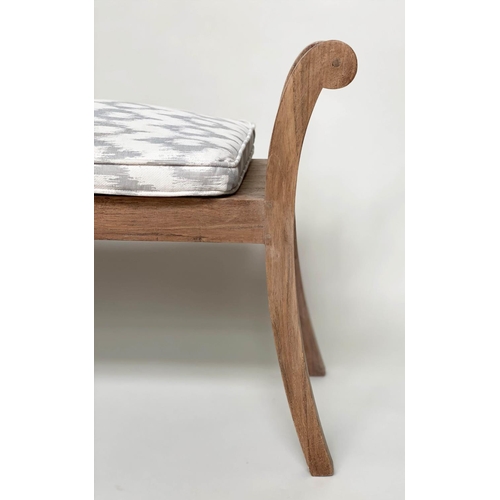 146 - BENCH, weathered teak and slatted with upstands and cushions, 161cm x 38cm x 61cm H.