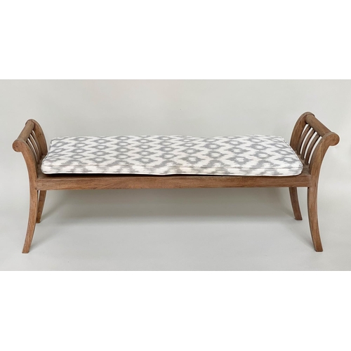 146 - BENCH, weathered teak and slatted with upstands and cushions, 161cm x 38cm x 61cm H.