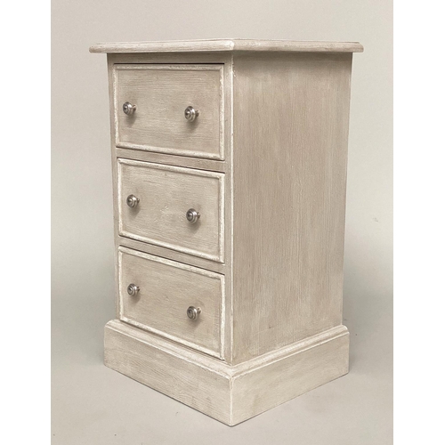 147 - BEDSIDE CHESTS, a pair, grey painted each with three drawers and plinth base, 64cm H x 38cm x 33cm. ... 