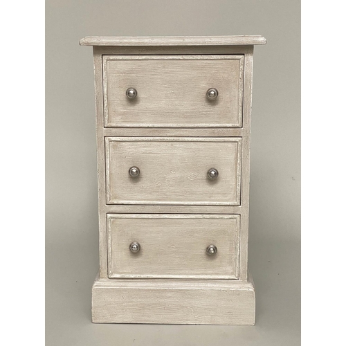 147 - BEDSIDE CHESTS, a pair, grey painted each with three drawers and plinth base, 64cm H x 38cm x 33cm. ... 