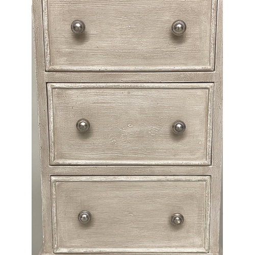 147 - BEDSIDE CHESTS, a pair, grey painted each with three drawers and plinth base, 64cm H x 38cm x 33cm. ... 