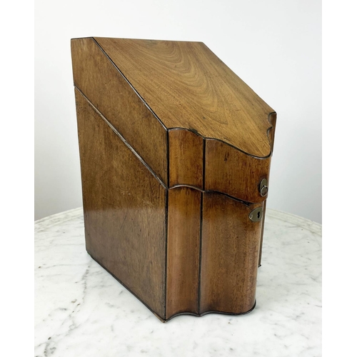 18 - KNIFE BOX, George III mahogany, serpentine front with sloped hinged lid, 58cm H x 22cm x 35cm. (conv... 