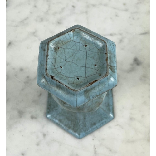 26 - CHINESE LONGQUAN CELEDON CRACKLE GLAZED GU VASE, hexagonal form, 17cm H x 11cm.