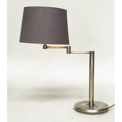 DESK LAMP, 1970s silvered metal with weighted circular base, column and extending hinged swing arm, 63cm H.
