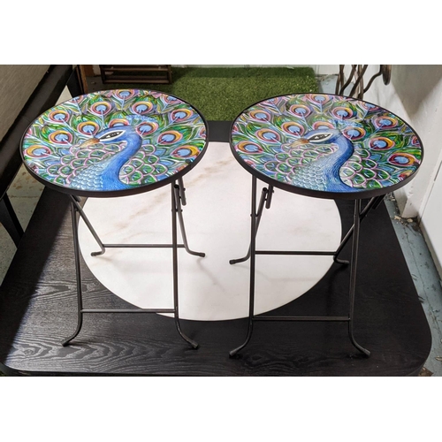 467 - SIDE TABLES, a pair, peacock design tops, 36cm x 51cm H, metal bases. (2)