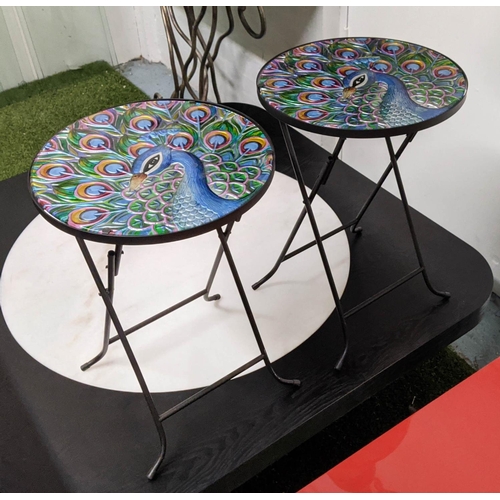 467 - SIDE TABLES, a pair, peacock design tops, 36cm x 51cm H, metal bases. (2)